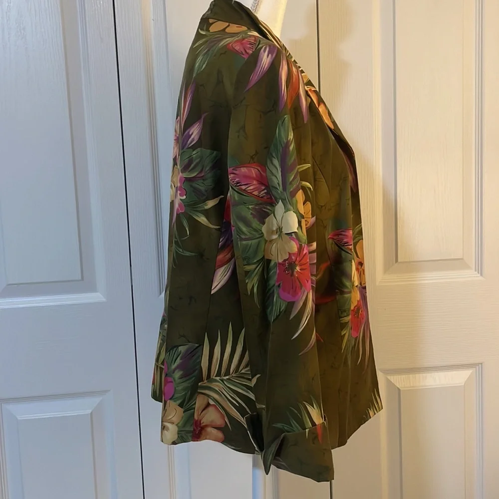 Peck & Peck Collection Women’s SZ 14 Floral Olive Open Front Silk Blend Blazer - Picture 4 of 13